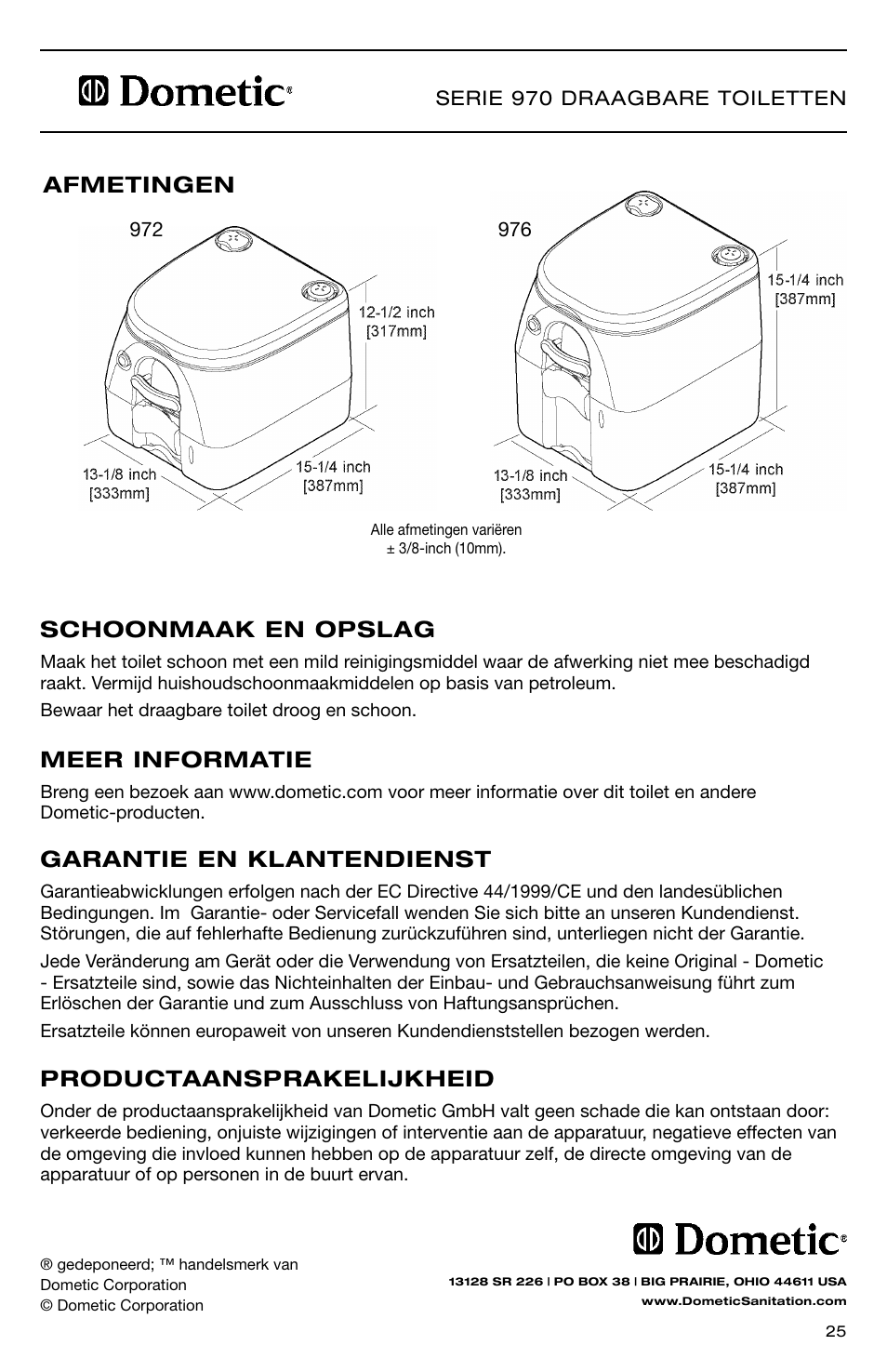 Productaansprakelijkheid, Garantie en klantendienst, Meer informatie | Schoonmaak en opslag, Afmetingen | SeaLand 976 Portable Toilets User Manual | Page 25 / 52