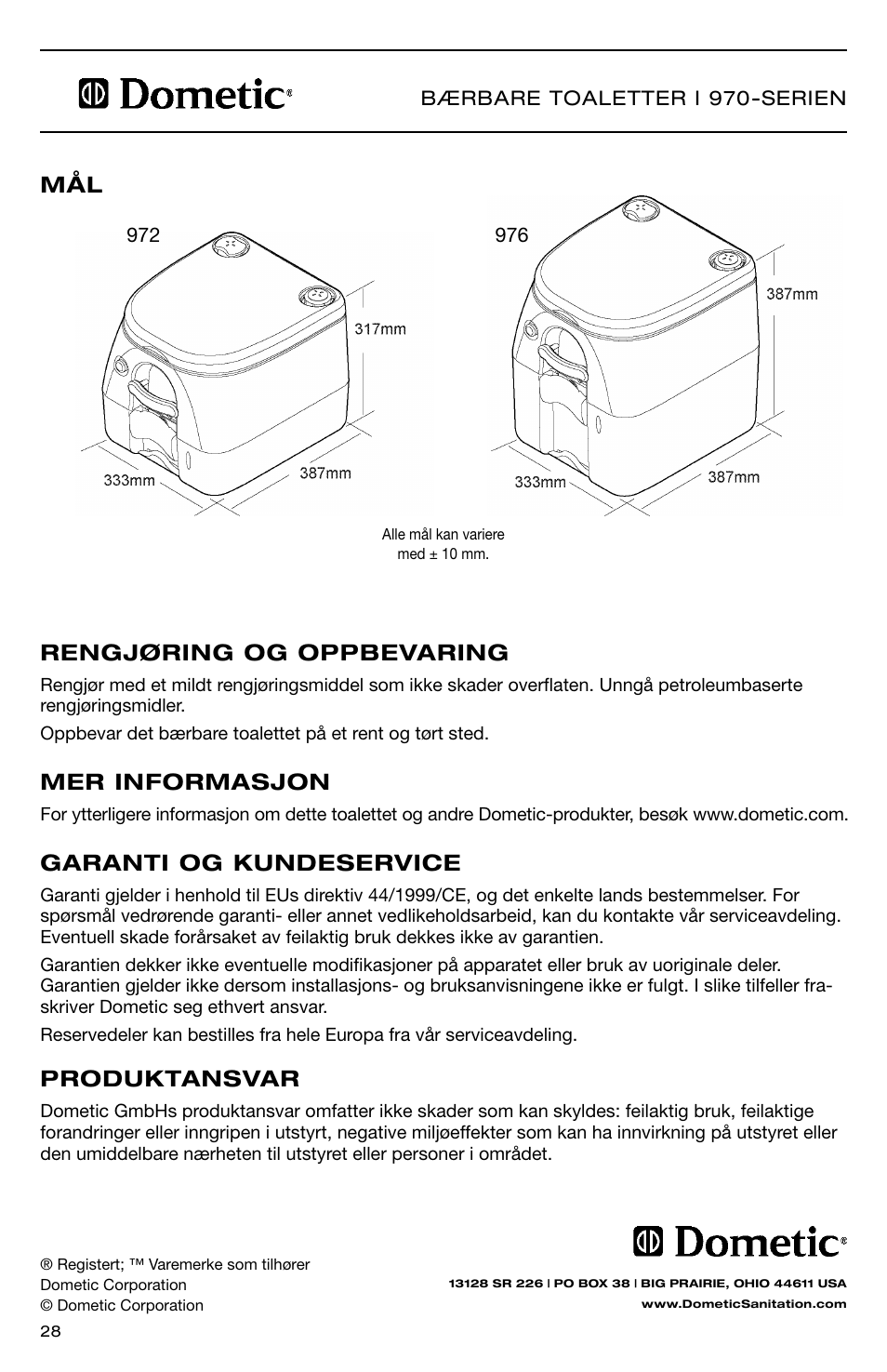 Produktansvar, Garanti og kundeservice, Mer informasjon | Rengjøring og oppbevaring | SeaLand 976 Portable Toilets User Manual | Page 28 / 52