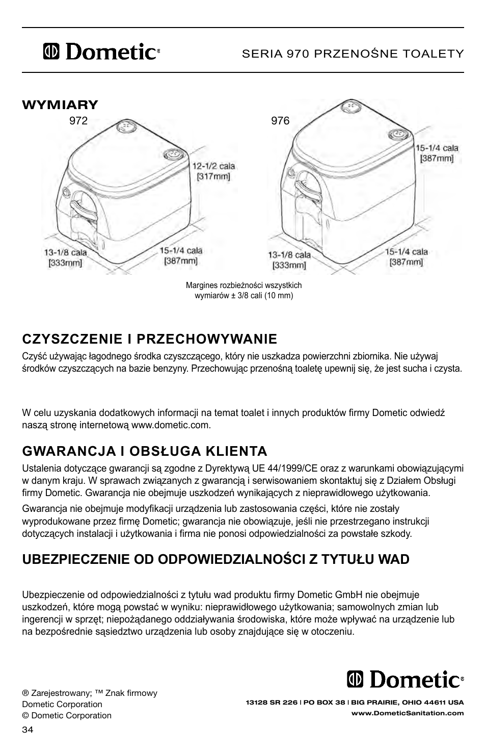 Gwarancja i obsługa klienta, Informacje dodatkowe, Czyszczenie i przechowywanie | Wymiary | SeaLand 976 Portable Toilets User Manual | Page 34 / 52