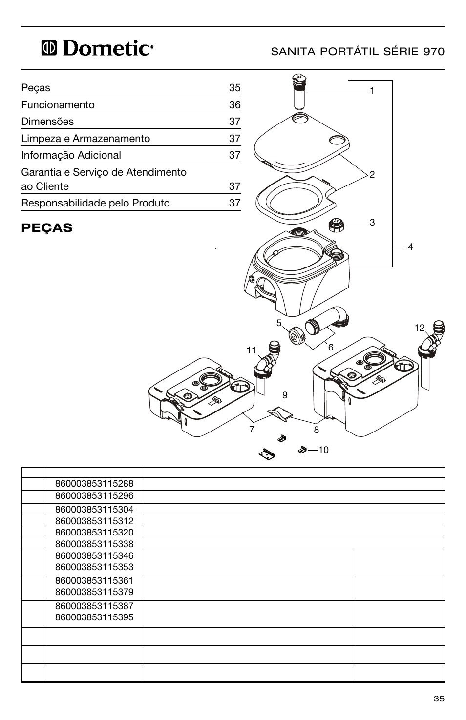 Peças | SeaLand 976 Portable Toilets User Manual | Page 35 / 52