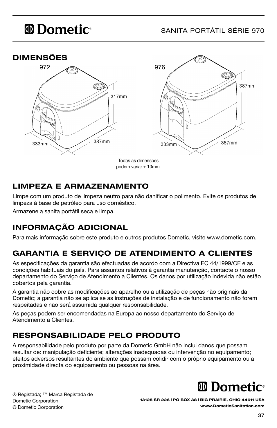 Responsabilidade pelo produto, Garantia e serviço de atendimento a clientes, Informação adicional | Limpeza e armazenamento, Dimensões | SeaLand 976 Portable Toilets User Manual | Page 37 / 52