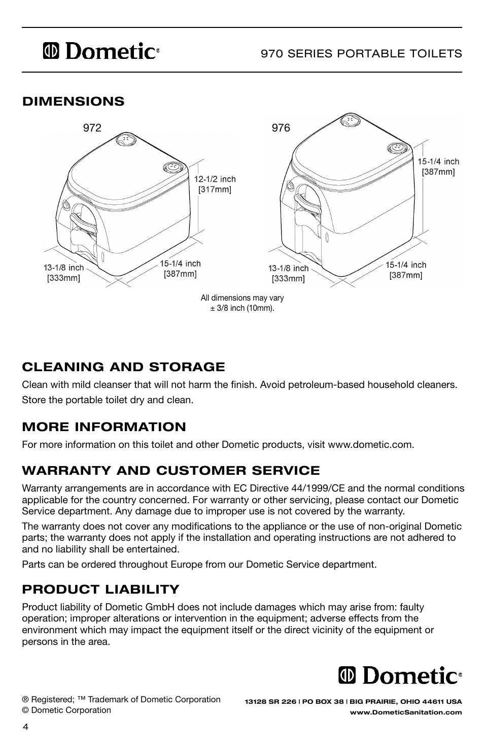 More information, Cleaning and storage, Warranty and customer service | Product liability, Dimensions | SeaLand 976 Portable Toilets User Manual | Page 4 / 52