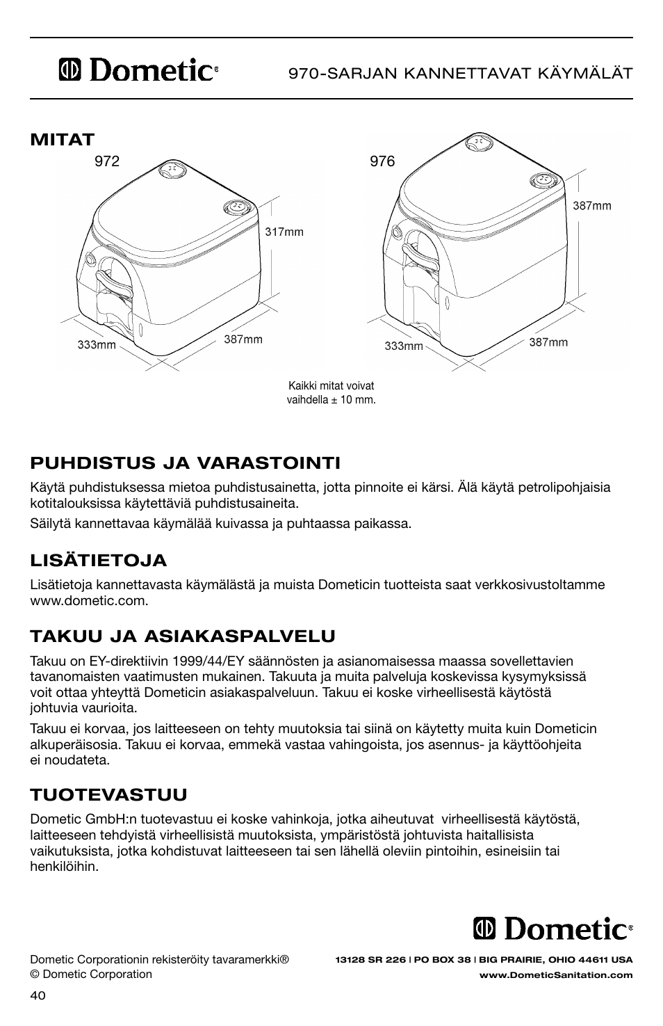 Tuotevastuu, Takuu ja asiakaspalvelu, Lisätietoja | Puhdistus ja varastointi, Mitat | SeaLand 976 Portable Toilets User Manual | Page 40 / 52