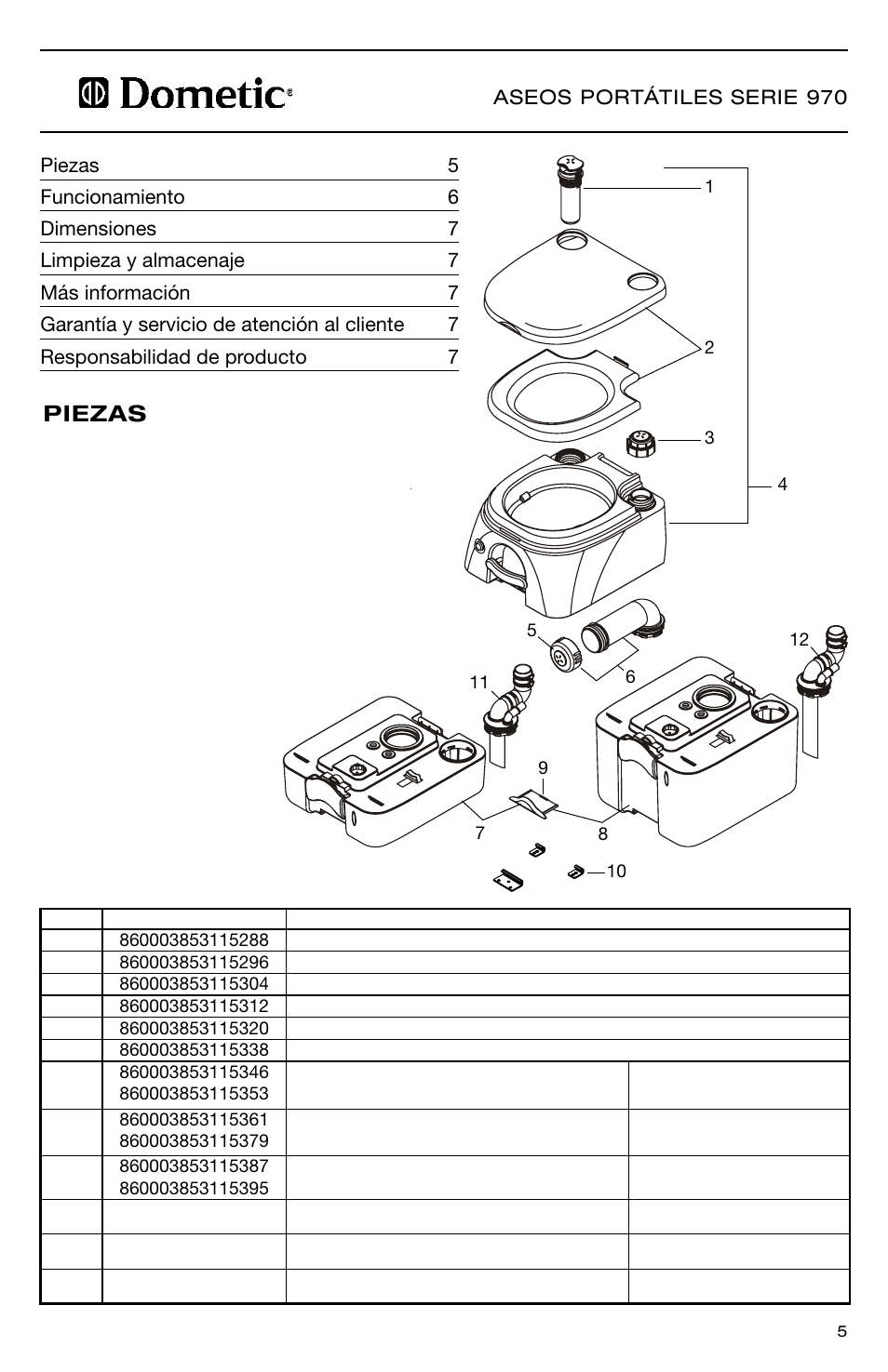Piezas | SeaLand 976 Portable Toilets User Manual | Page 5 / 52