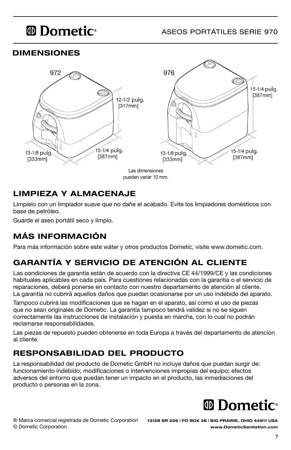 Más información, Limpieza y almacenaje, Garantía y servicio de atención al cliente | Responsabilidad del producto, Dimensiones | SeaLand 976 Portable Toilets User Manual | Page 7 / 52