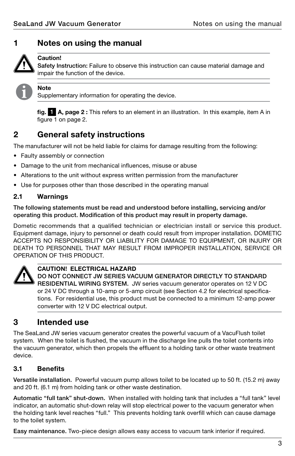 Notes on using the manual, General safety instructions, Intended use | 2general safety instructions, 3intended use | SeaLand JW Series VacuFlush Vacuum Generator User Manual | Page 3 / 8