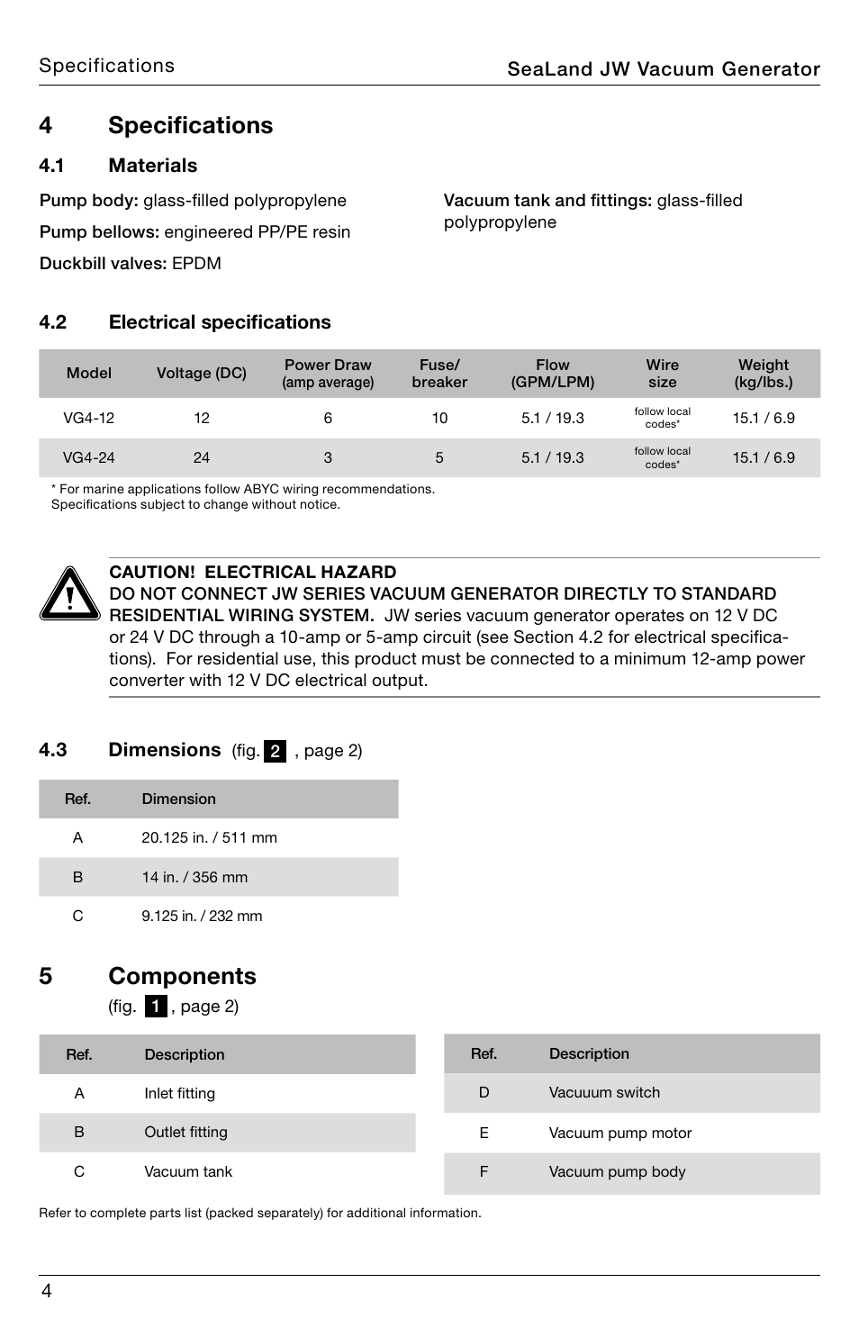 Specifications, Components, 5 components | 4 specifications, 2 electrical specifications 4.3 dimensions, 1 materials, Sealand jw vacuum generator specifications | SeaLand JW Series VacuFlush Vacuum Generator User Manual | Page 4 / 8