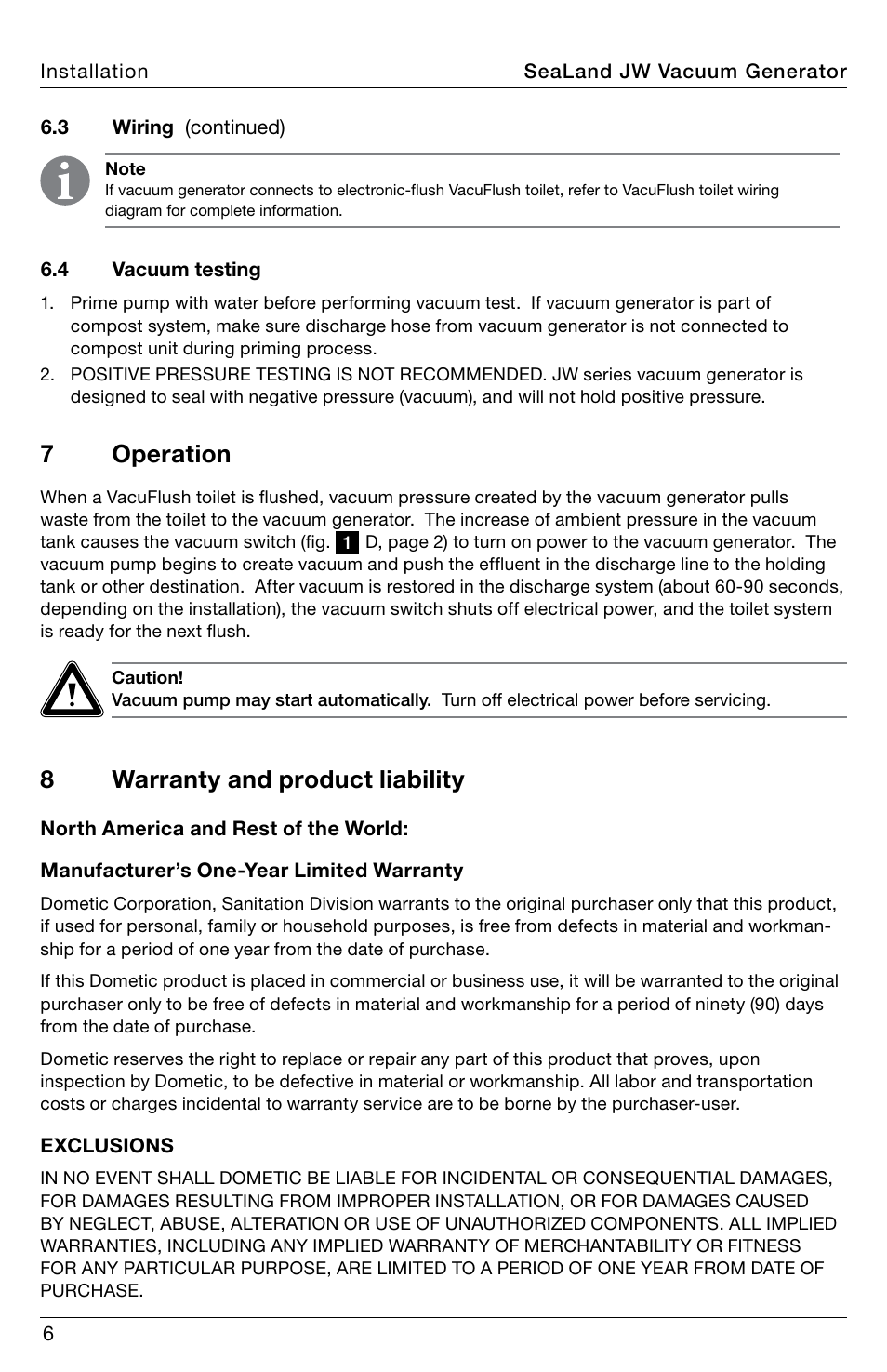 Operation, Warranty, 8warranty and product liability 7 operation | SeaLand JW Series VacuFlush Vacuum Generator User Manual | Page 6 / 8