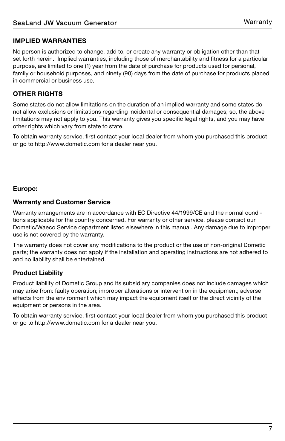 SeaLand JW Series VacuFlush Vacuum Generator User Manual | Page 7 / 8