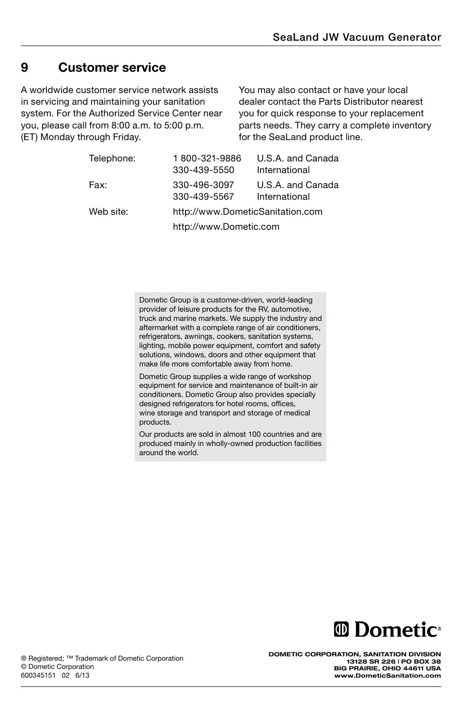 Customer service, 9customer service | SeaLand JW Series VacuFlush Vacuum Generator User Manual | Page 8 / 8