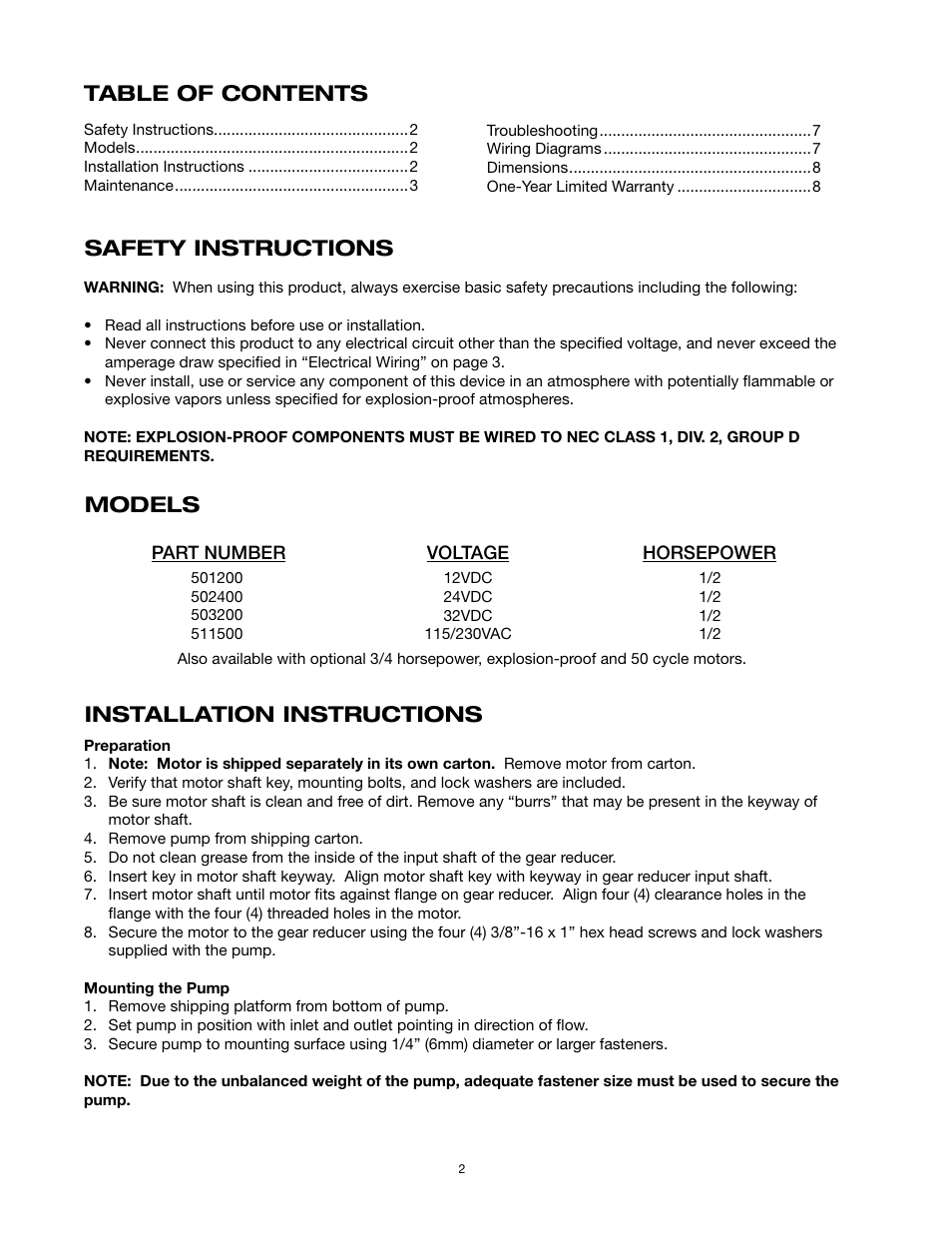 SeaLand M Series Vacuum Pump User Manual | Page 2 / 8
