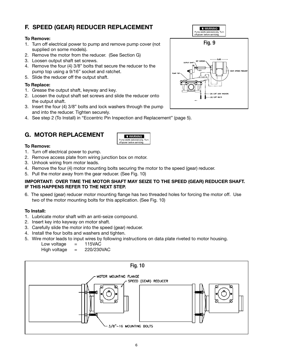G. motor replacement, F. speed (gear) reducer replacement | SeaLand M Series Vacuum Pump User Manual | Page 6 / 8