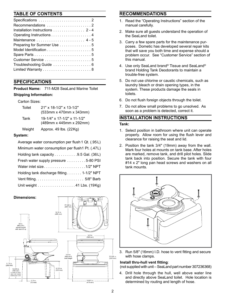 SeaLand 711-M28 Toilet User Manual | Page 2 / 8