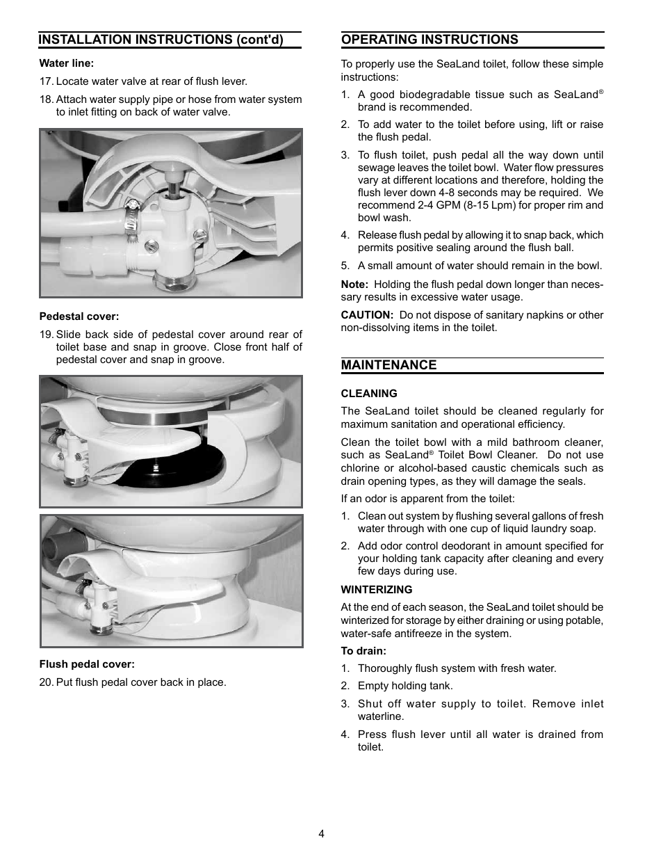 Operating instructions, Maintenance | SeaLand 711-M28 Toilet User Manual | Page 4 / 8