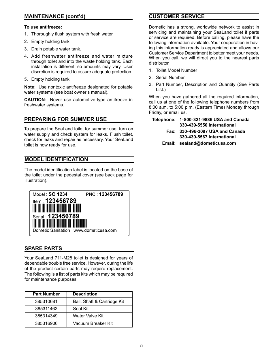 Preparing for summer use, Model identification, Spare parts | Customer service | SeaLand 711-M28 Toilet User Manual | Page 5 / 8