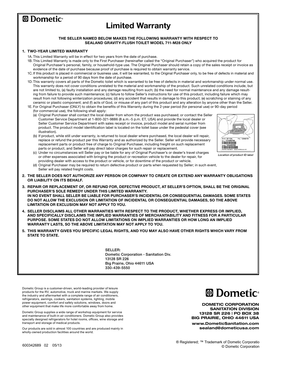 Warranty, Limited warranty | SeaLand 711-M28 Toilet User Manual | Page 8 / 8