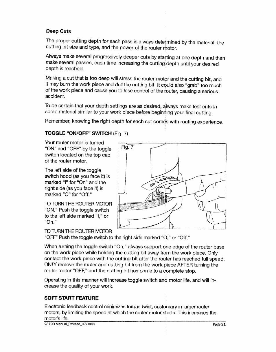 Deep cuts, Toggle “on/off” switch (fig. 7), Soft start feature | Craftsman 320.28190 User Manual | Page 21 / 44