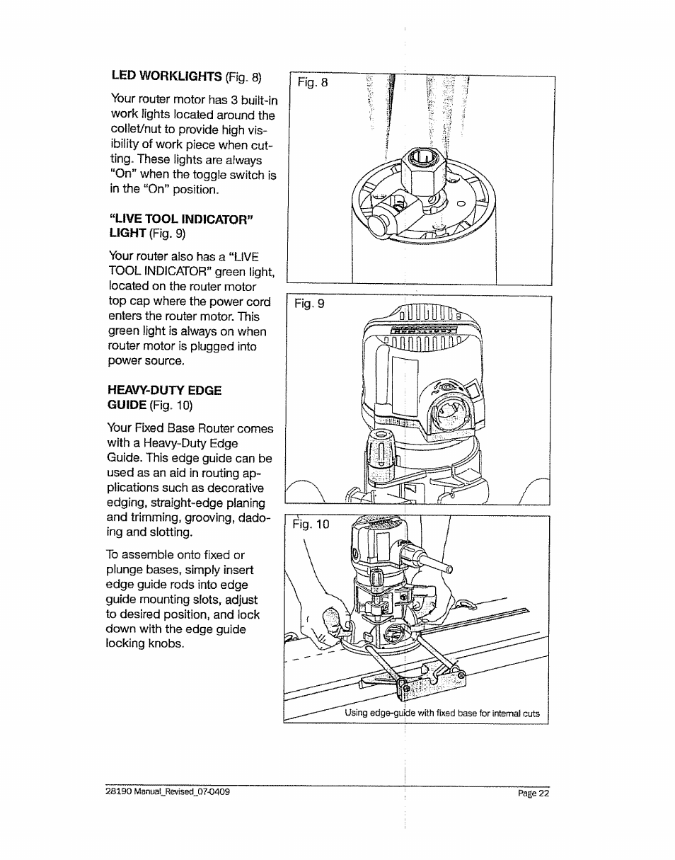 Live tool indicator” light (fig. 9), Heavy-duty edge guide (fig. 10) | Craftsman 320.28190 User Manual | Page 22 / 44
