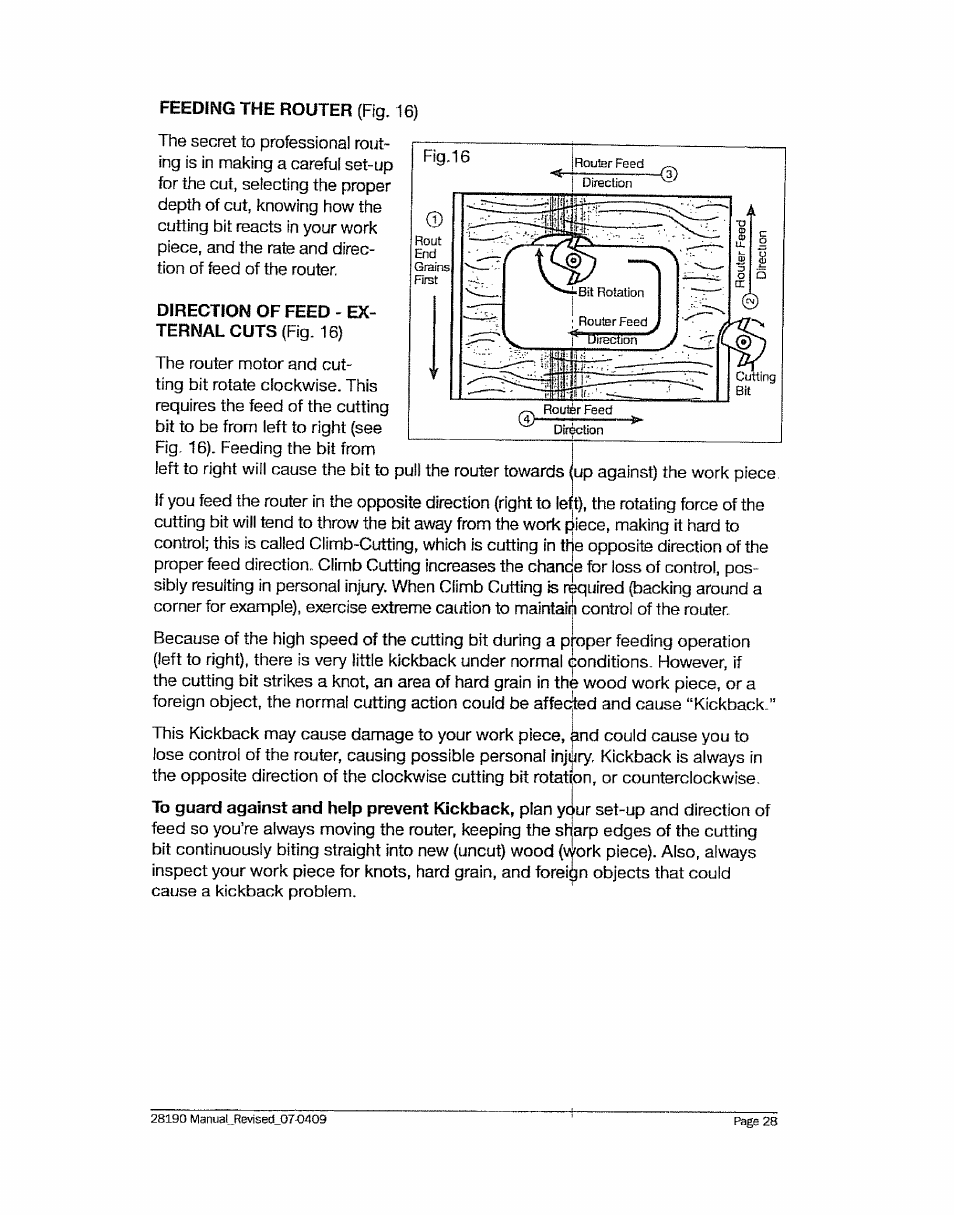 Direction of feed - external cuts (fig. 16) | Craftsman 320.28190 User Manual | Page 28 / 44