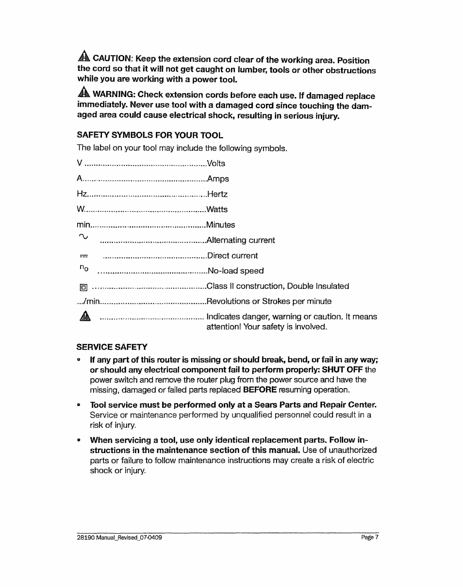 Safety, Symbols for your tool, Service safety | Craftsman 320.28190 User Manual | Page 7 / 44