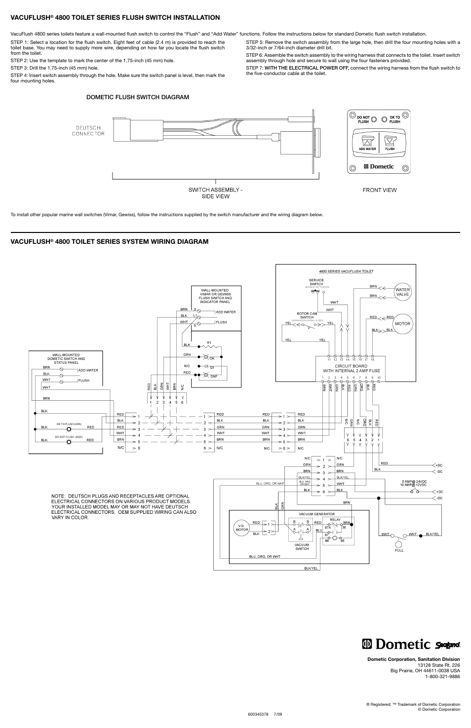 Vacuflush, 4800 toilet series system wiring diagram, 4800 toilet series flush switch installation | SeaLand VacuFlush 4848 Toilet User Manual | Page 2 / 4