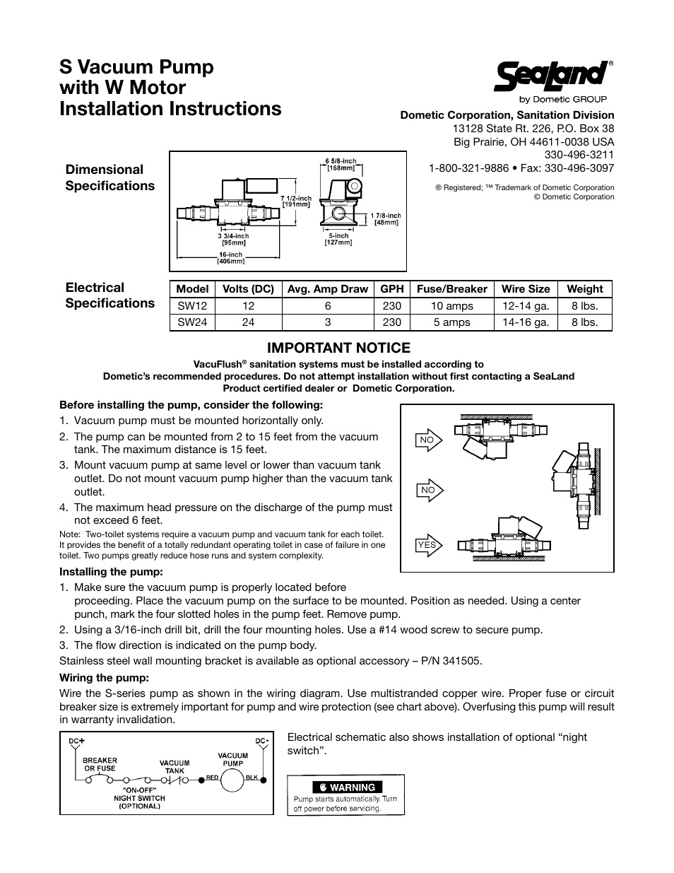 SeaLand VacuFlush SW24 Vacuum Pump User Manual | 2 pages