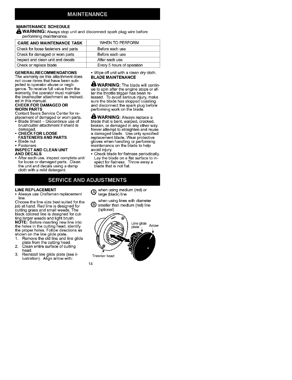Maintenance, Service and adjustments | Craftsman 358.792442 User Manual | Page 14 / 15