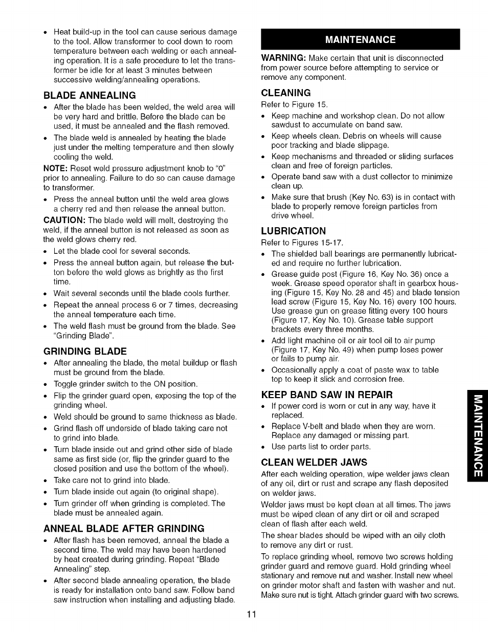 Blade annealing, Grinding blade, Anneal blade after grinding | Maintenance, Cleaning, Lubrication, Keep band saw in repair, Clean welder jaws | Craftsman 351.214300 User Manual | Page 11 / 24