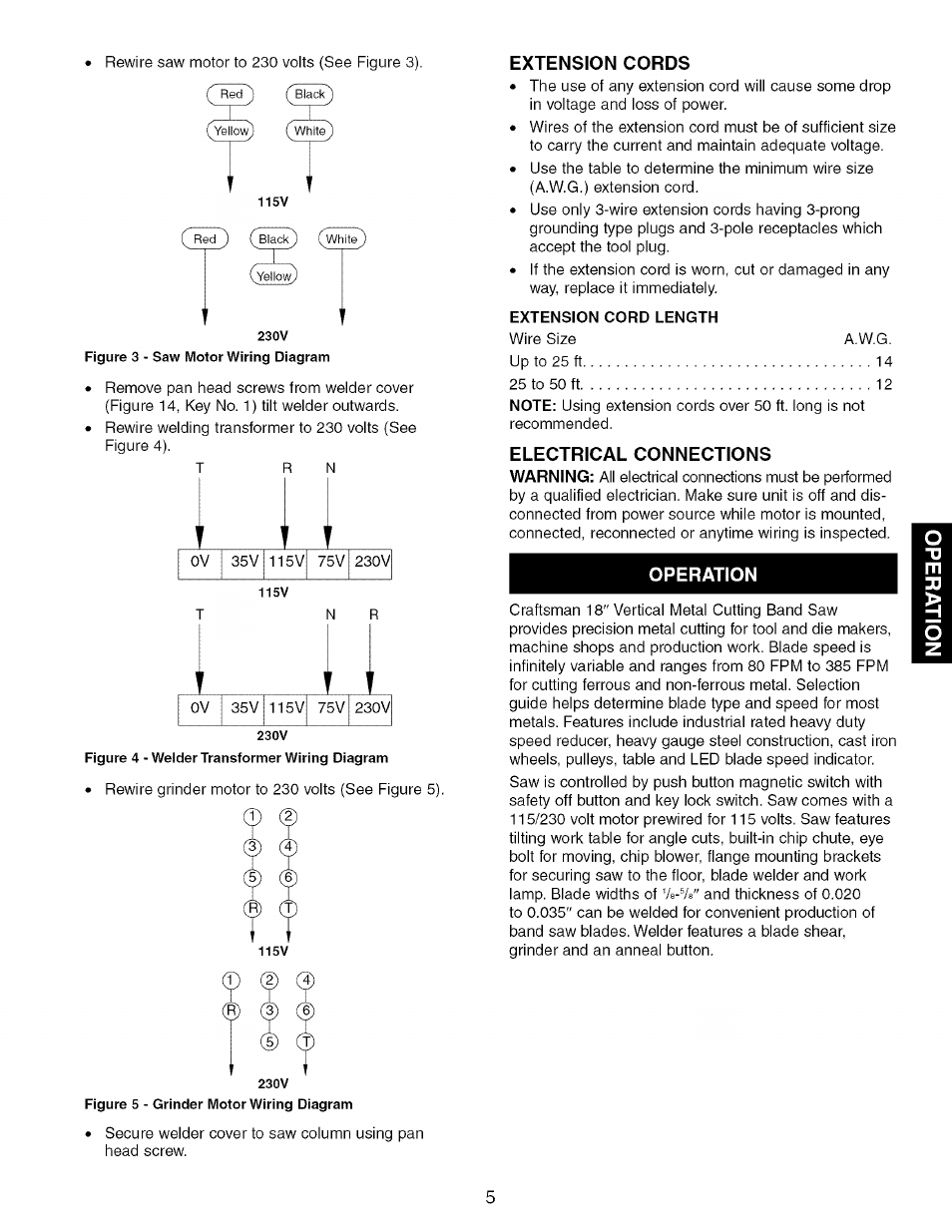 Extension cords, Electrical connections, Operation | Operation -11 | Craftsman 351.214300 User Manual | Page 5 / 24