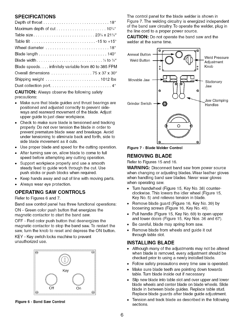 Specifications, Operating saw controls, Removing blade | Installing blade | Craftsman 351.214300 User Manual | Page 6 / 24