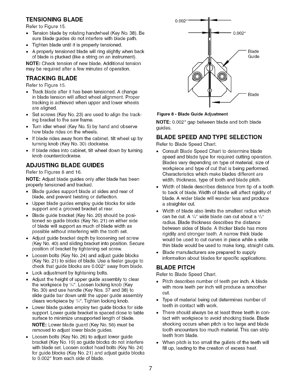 Tensioning blade, Tracking blade, Adjusting blade guides | Blade speed and type selection, Blade pitch | Craftsman 351.214300 User Manual | Page 7 / 24