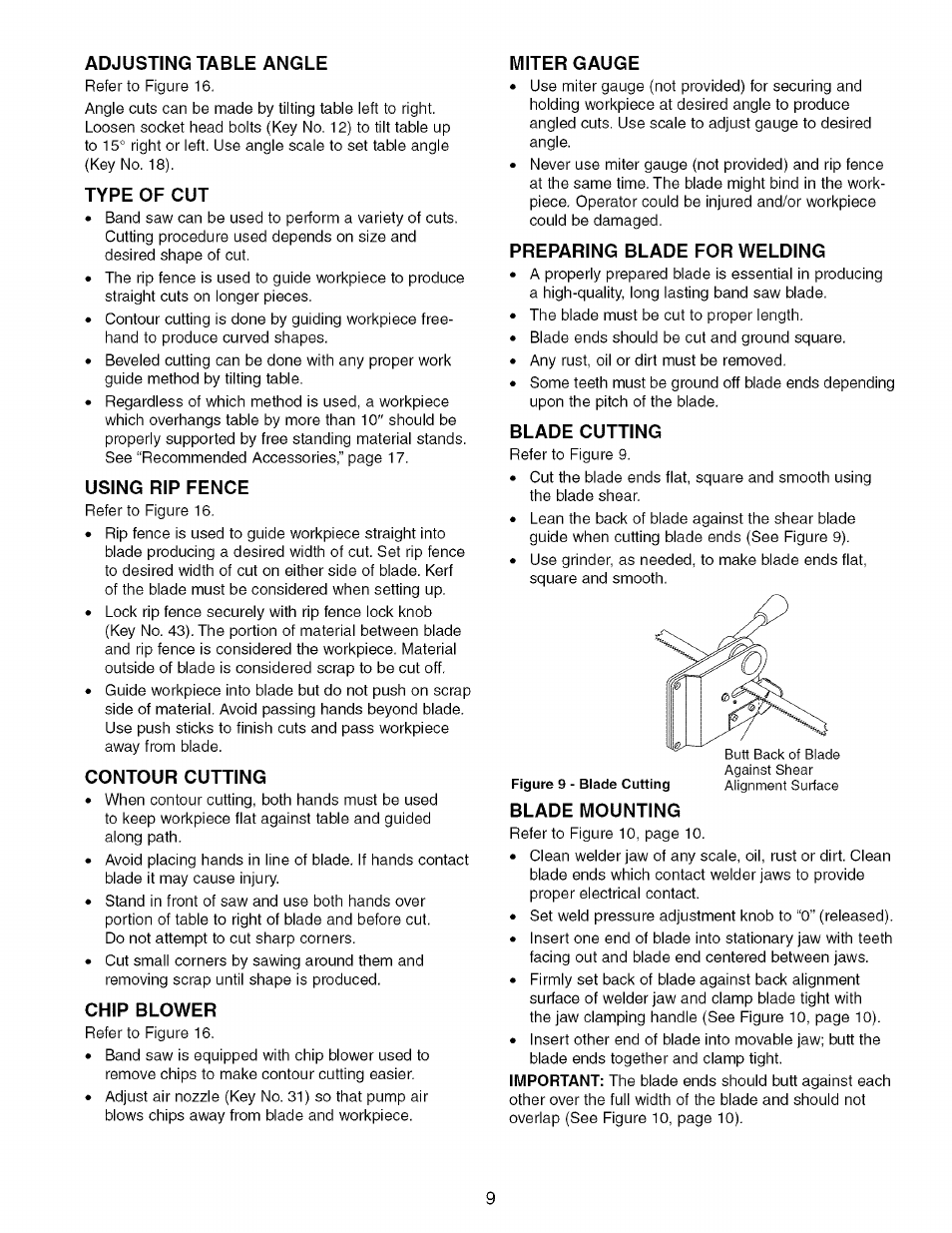 Adjusting table angle, Type of cut, Using rip fence | Contour cutting, Chip blower, Miter gauge, Preparing blade for welding, Blade cutting, Blade mounting | Craftsman 351.214300 User Manual | Page 9 / 24