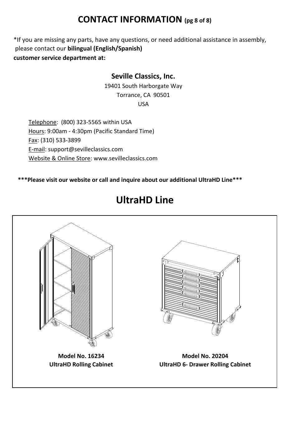 Ultrahd line, Contact information | Seville Classics UHD20246B User Manual | Page 9 / 10