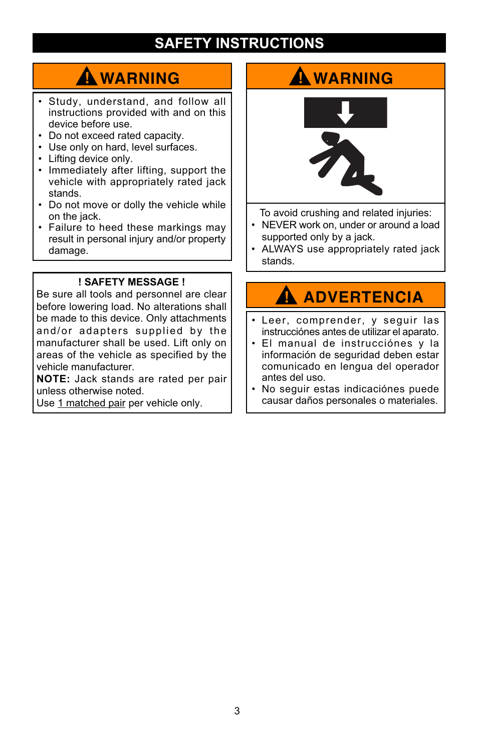 Warning, Advertencia, Safety instructions | Craftsman 950138 User Manual | Page 3 / 13