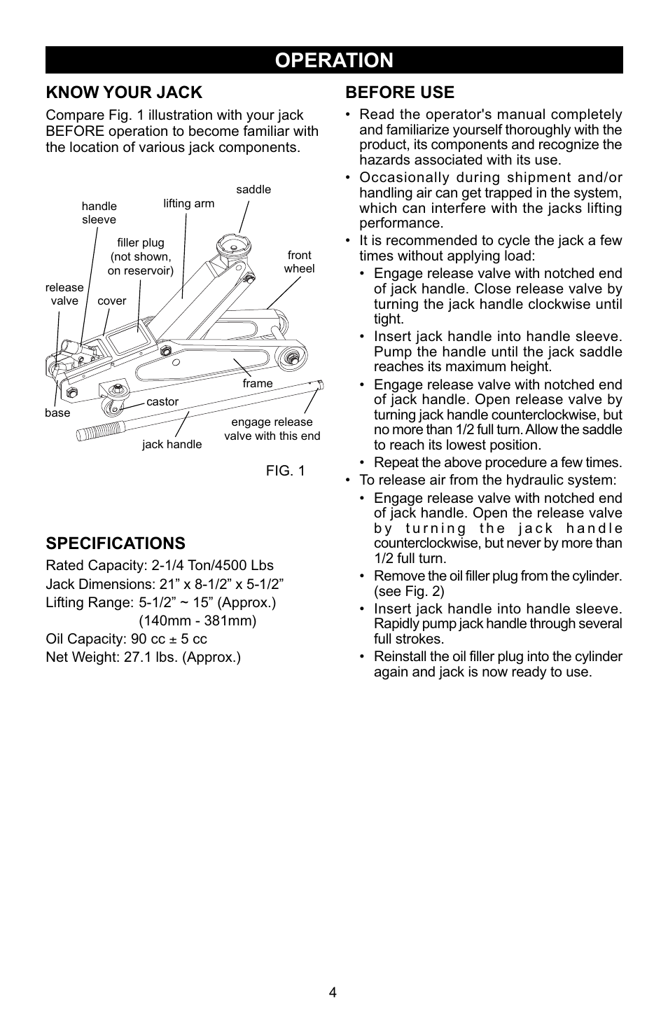 Operation, Know your jack, Specifications | Before use | Craftsman 950138 User Manual | Page 4 / 13