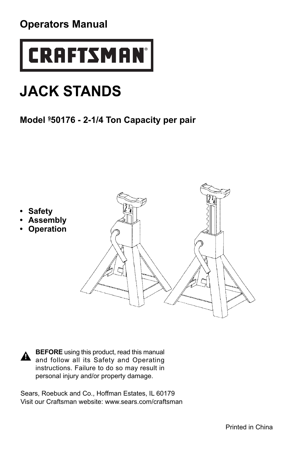 Jack stands, Operators manual | Craftsman 950138 User Manual | Page 9 / 13