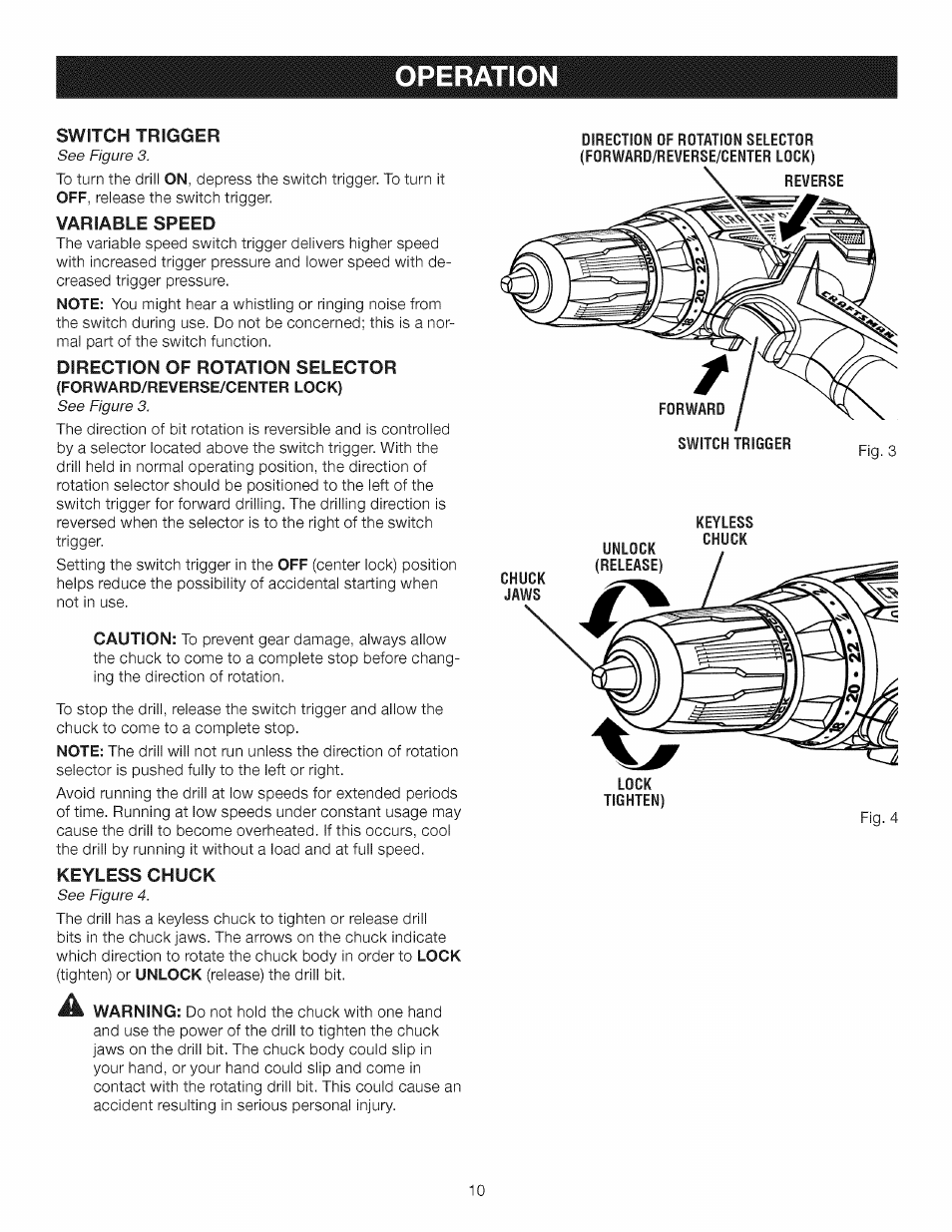 Variable speed, Direction of rotation selector, Keyless chuck | Operatio | Craftsman 315.11910 User Manual | Page 10 / 18