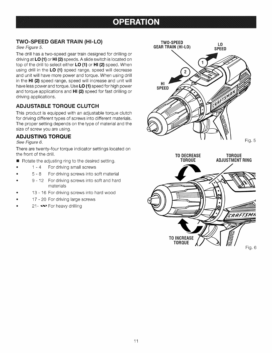 Adjusting torque, Operation | Craftsman 315.11910 User Manual | Page 11 / 18