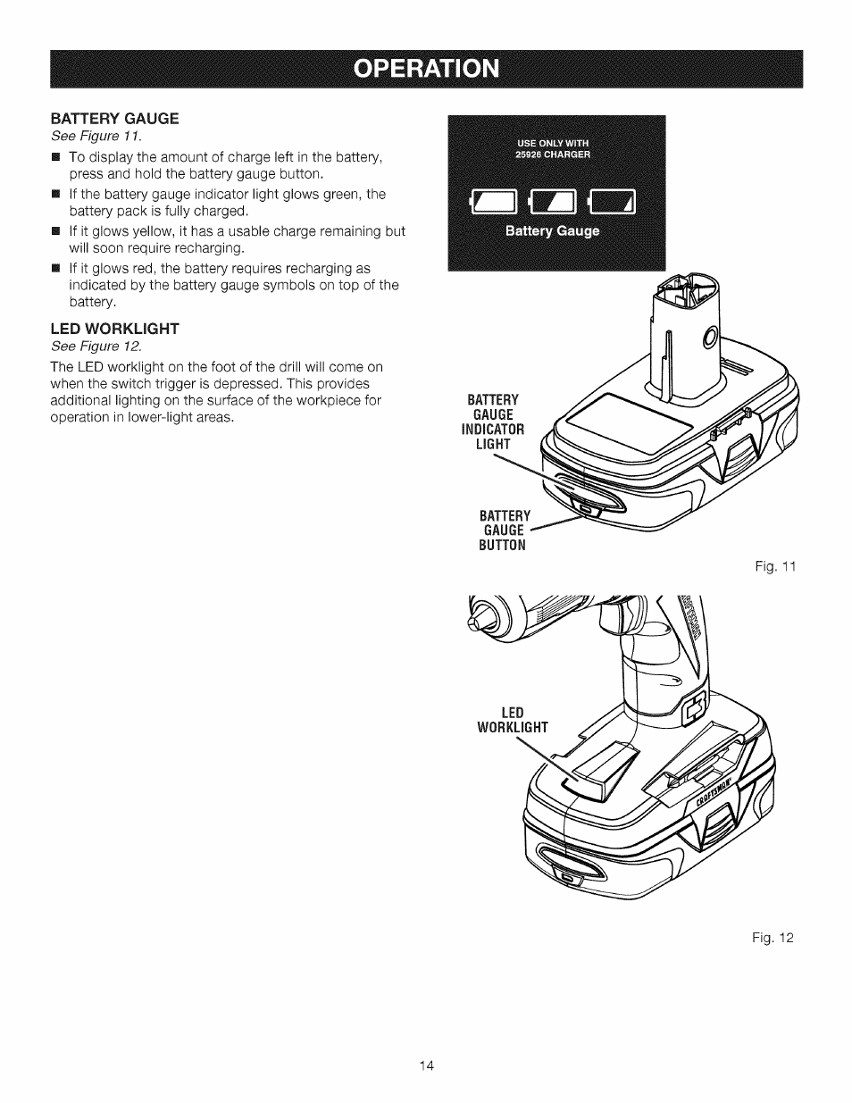 Led worklight, Battery, Gauge | Button, Operatio | Craftsman 315.11910 User Manual | Page 14 / 18