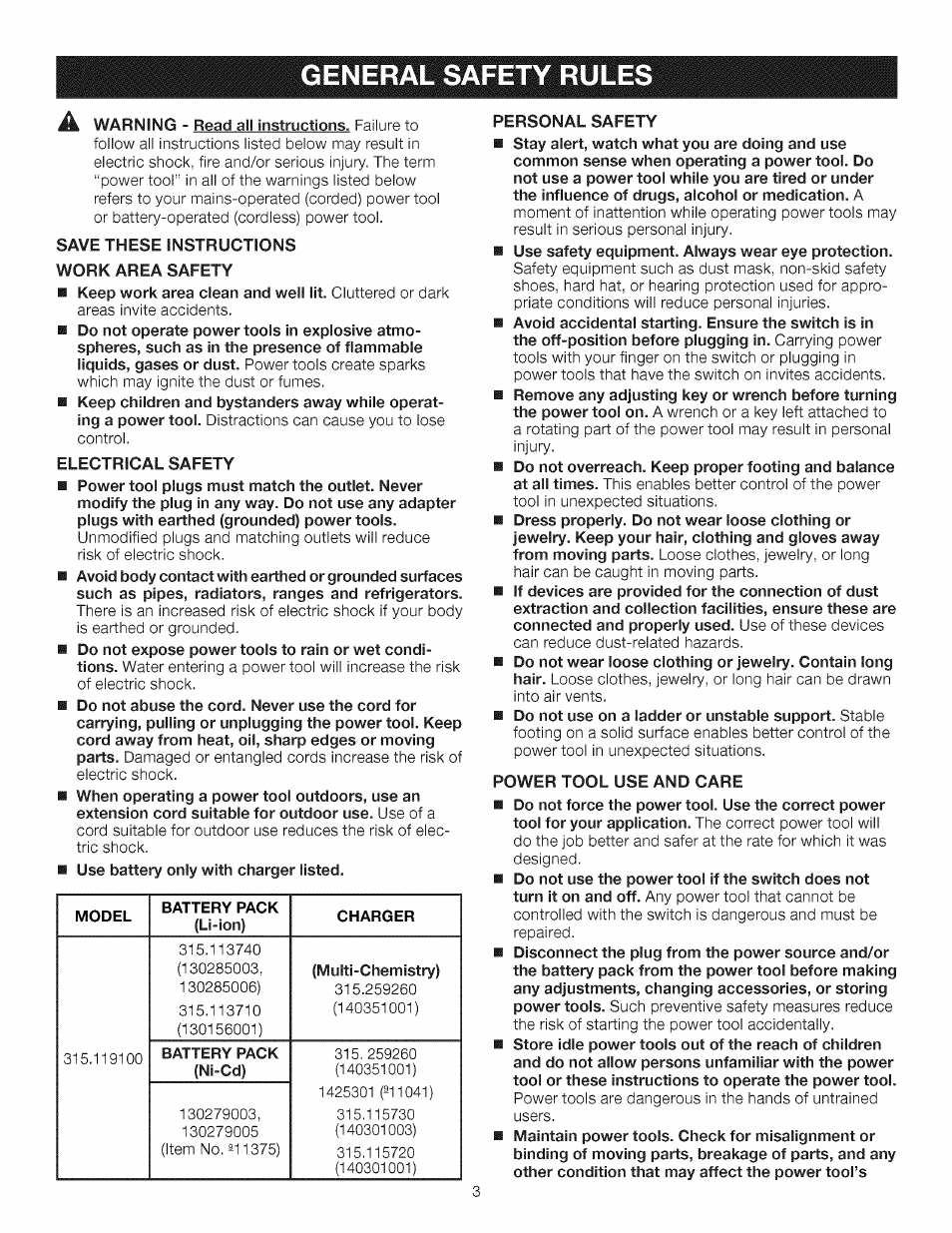 General safety rules, General safety rules -4 | Craftsman 315.11910 User Manual | Page 3 / 18