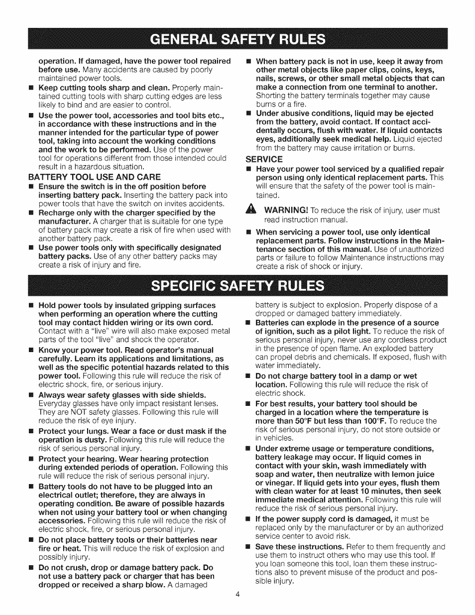 General safety rules, Specific safety rules | Craftsman 315.11910 User Manual | Page 4 / 18