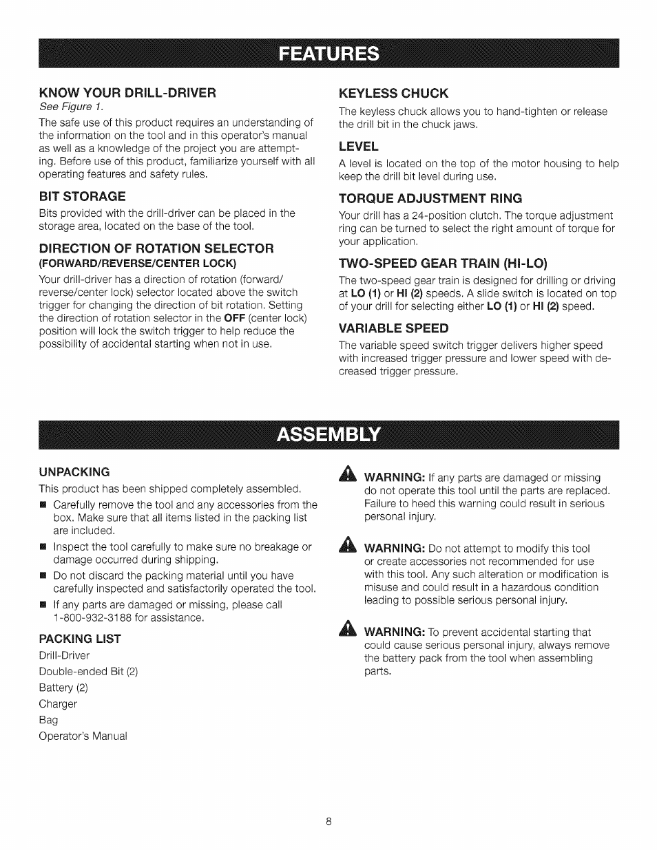 Features, Bit storage, Direction of rotation selector | Keyless chuck, Level, Torque adjustment ring, Two-speed gear train (hi-lo), Variable speed, Assembl | Craftsman 315.11910 User Manual | Page 8 / 18