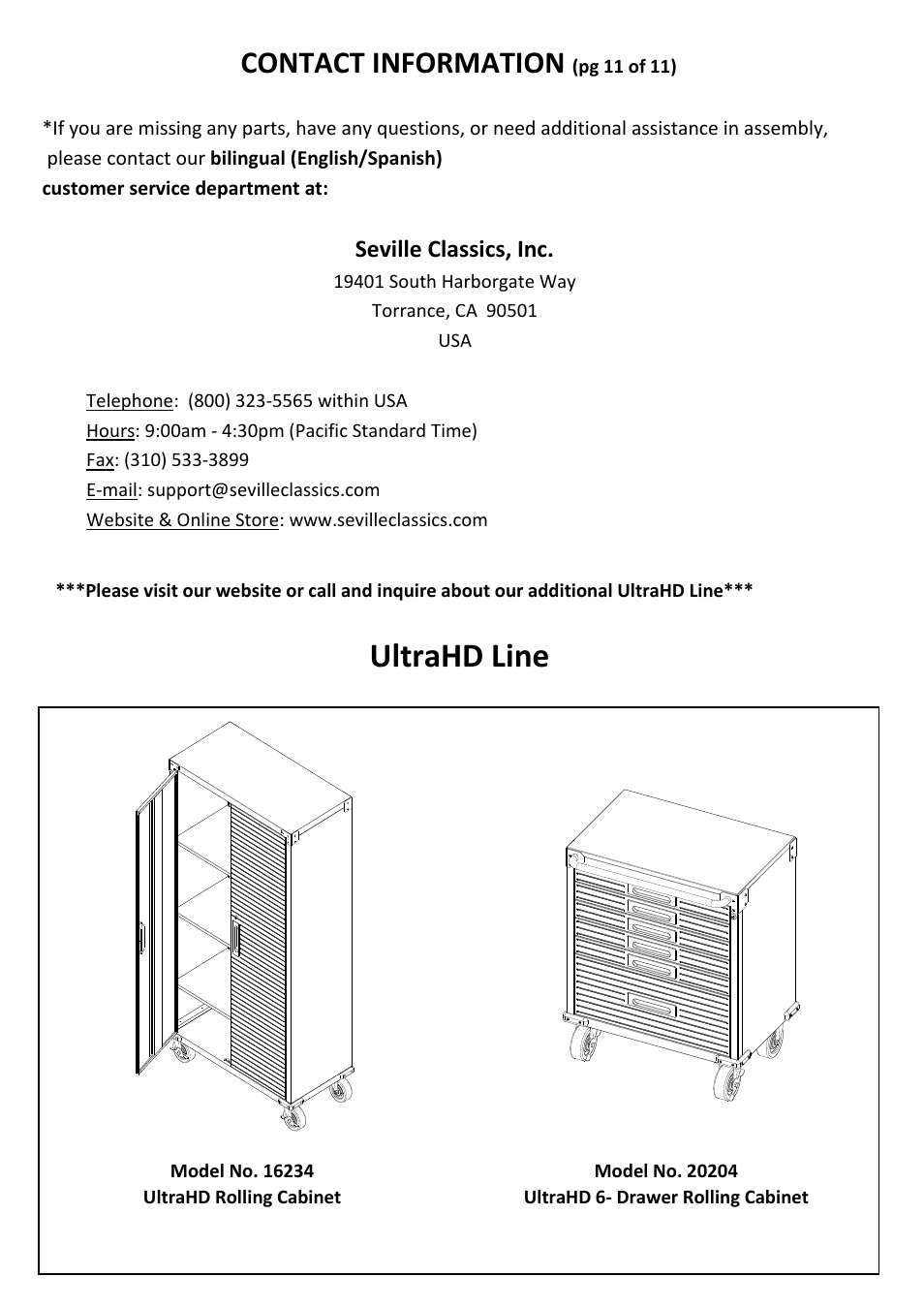 Ultrahd line, Contact information | Seville Classics UHD16241 User Manual | Page 12 / 13