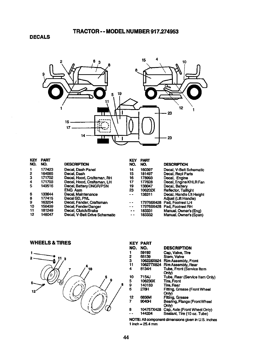 Decals, Wheels & tires | Craftsman 917.274953 User Manual | Page 44 / 60