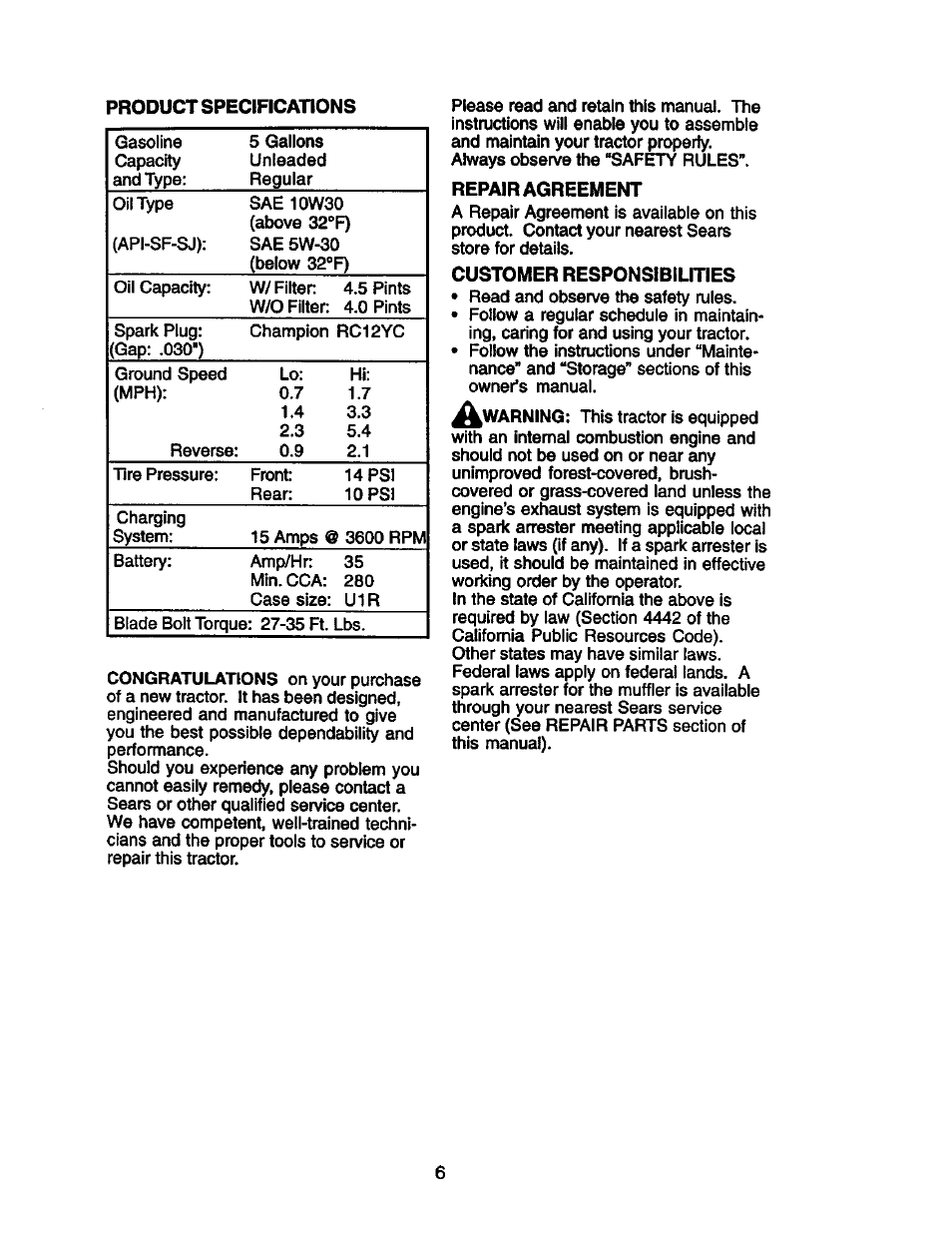 Repair agreement, Customer responsibilities | Craftsman 917.274953 User Manual | Page 6 / 60