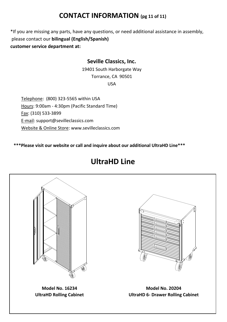 Ultrahd line, Contact information | Seville Classics UHD16238B User Manual | Page 12 / 13