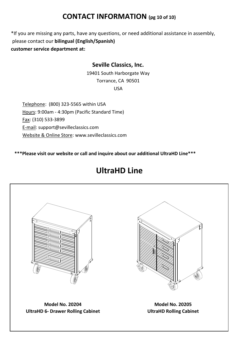 Ultrahd line, Contact information | Seville Classics UHD16234 User Manual | Page 11 / 12