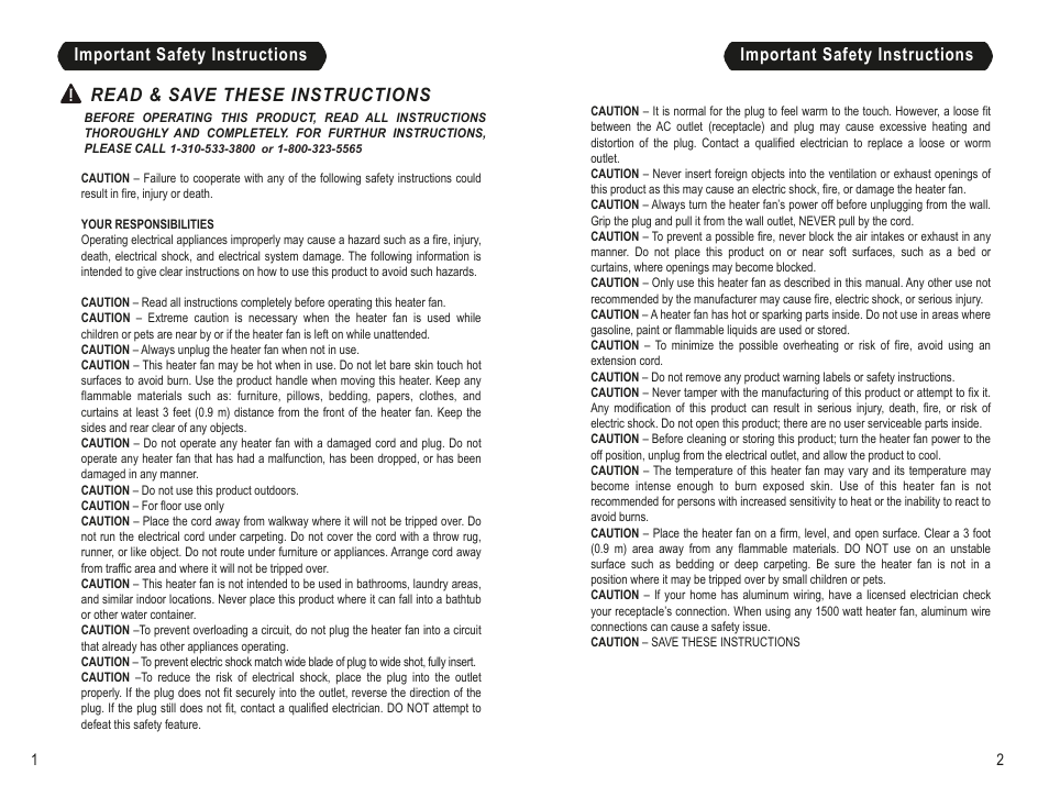 Read & save these instructions, Important safety instructions | Seville Classics EHF10222B User Manual | Page 2 / 6