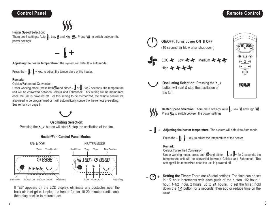 Control panel, Remote control | Seville Classics EHF10222B User Manual | Page 5 / 6