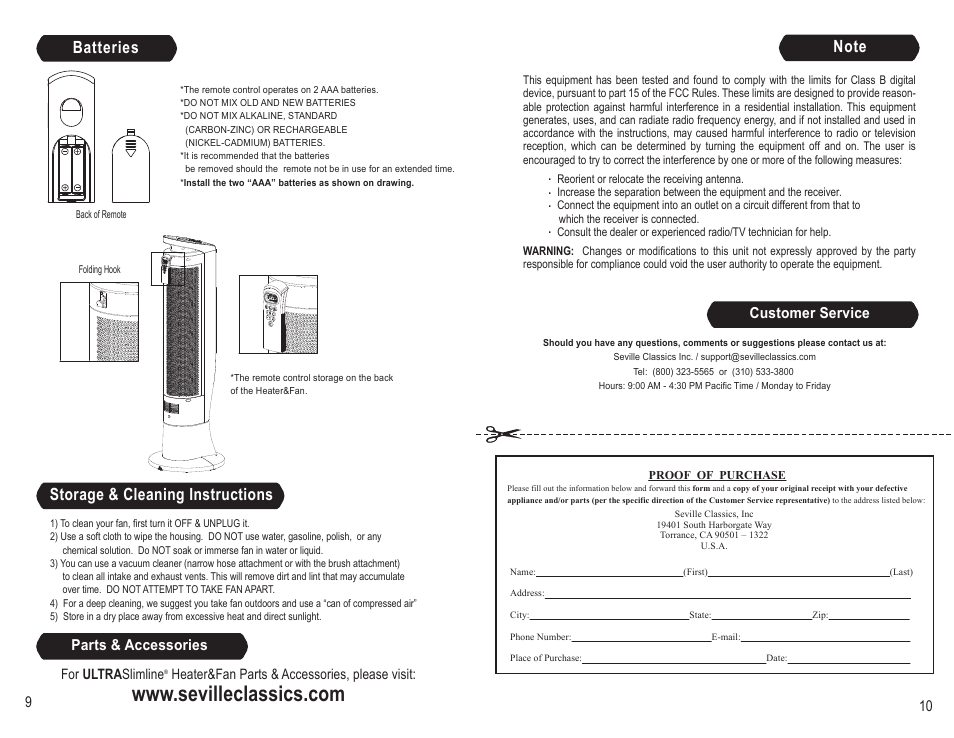 Storage & cleaning instructions batteries | Seville Classics EHF10222B User Manual | Page 6 / 6
